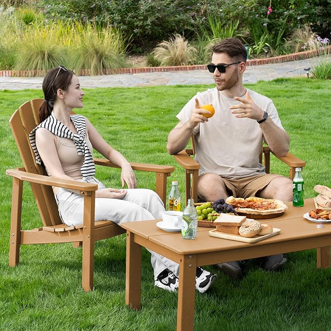 nevilywood Compact Stackable Adirondack Chairs Set of 4,HDPE,380lbs,Teak | 26.3" Wide HDPE.All-Weather Outdoor.Maintenance-Free.Stackable for Storage.25°Curved Straight Backrest.Quick Assembly