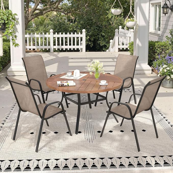 5 Pieces Outdoor Dining Set, 40.7" Spliced Patio Table with Umbrella Hole & Stackable Outdoor Dining Chairs, Patio Furniture Set for Deck Garden Porch, Brown Chairs & Walnut Table