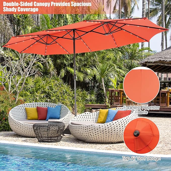 Giantex Large Outdoor Umbrella Double-Sided, 48 Solar Lights, Auto-Charging Solar Panel, Extra Large Patio Umbrella with Base and Crank, Outdoor Market Umbrellas for Poolside Garden