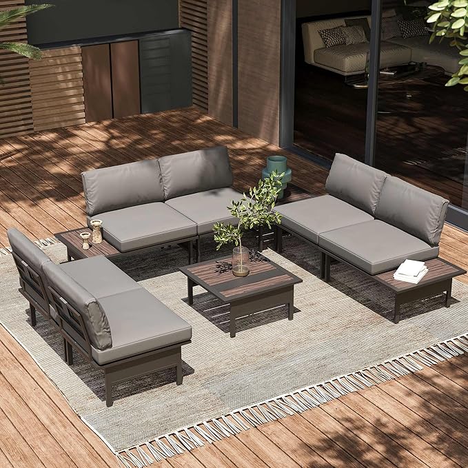 LAUSAINT HOME 8 Pieces Patio Furniture Set, Outdoor Metal Frame Patio Conversation Sets with Coffee Table & Thick Cushions for Garden, Poolside, Backyard(Grey)