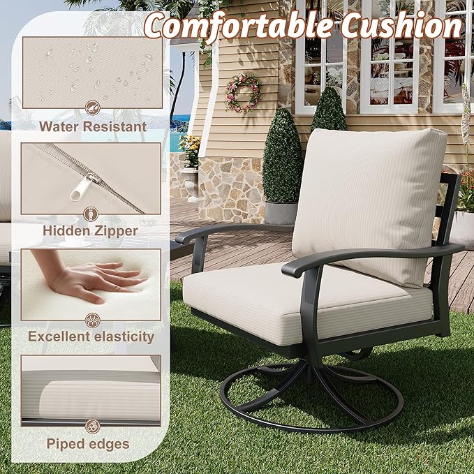 HOMREST Patio Furniture Sets 4 PCS Outdoor Metal Conversation Sets, 360 Degree Swivel Rocking Chairs Patio Conversation Set with Coffee Table and 3-Seat Sofa for Garden, Deck and Poolside