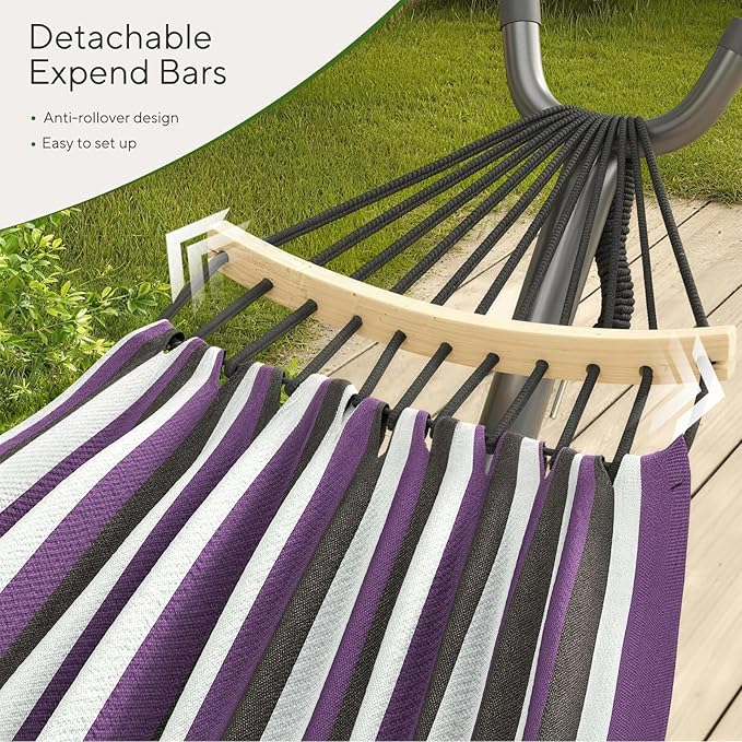 600lbs Hammock with Stand for Outside, 2 Person Portable Hammock with Side Storage, Carrying Bag, Expend Wooden Bar for Outdoor or Indoor (Purple Black)