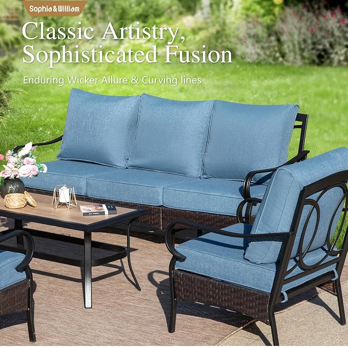 Sophia & William Patio Furniture Set with Fire Pit Table, 5 PCS Metal Outdoor Conversation Set with Fire Pit Table, 2 Sofa Chairs,1 Loveseat, 3-Seater Couch for Outdoor Seating, Backyard, Porch(Navy)