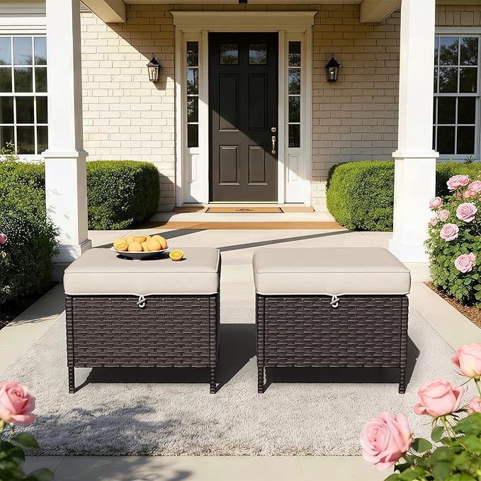 Outdoor Ottomans with Weather-Resistant Cushions, PE Rattan Patio Conversation Set for Backyard, Deck, Porch, Sunroom (Beige)