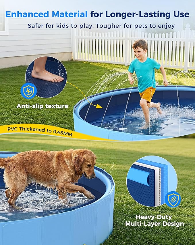 VISTOP 97" Foldable Dog Pool with Sprinkler, Large Hard Shell Pet Swimming Pool, Non-Slip Collapsible Kiddie Pool for Backyard Outdoor Summer Water Play