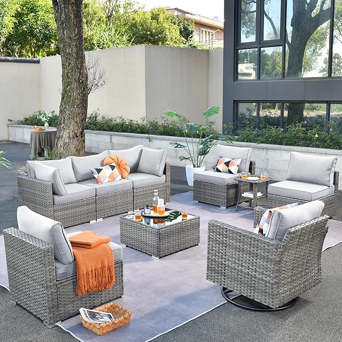 ovios Outdoor 9 Piece Coversation Set with Swivel Rocking Chair,Sectional Patio Furniture Set with All-Weather Wicker Sofa,Modern Outside Couch for Balcony Backyard Pool, Grey
