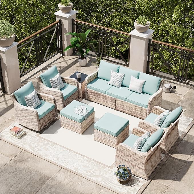 MEISSALIVVE 8 Pieces Patio Furniture Set with Swivel Chair, Wicker Patio Sofa, Rattan Conversation Set with Three-seat Sofa, 2 Fixed Single Chair for Lawn Backyard (Blue)