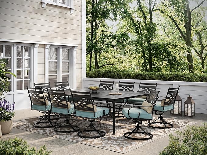 Hanover Montclair 11-Piece Patio Dining Set with 10 Swivel Rocker Chairs, Accent Lumbar Pillows and 84"x60" Steel Stamped Rectangular Table, Large Outdoor Patio Dining Set for 10, Ocean Blue