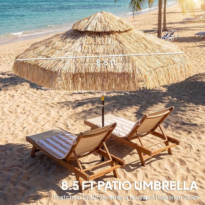 Outsunny 8.5 FT Hula Thatched Tiki Patio Umbrella, 2-Tier Tropical Hawaiian Style Outdoor Umbrella with 8 Ribs, UPF30+, for Garden, Backyard, Deck, Pool, Khaki