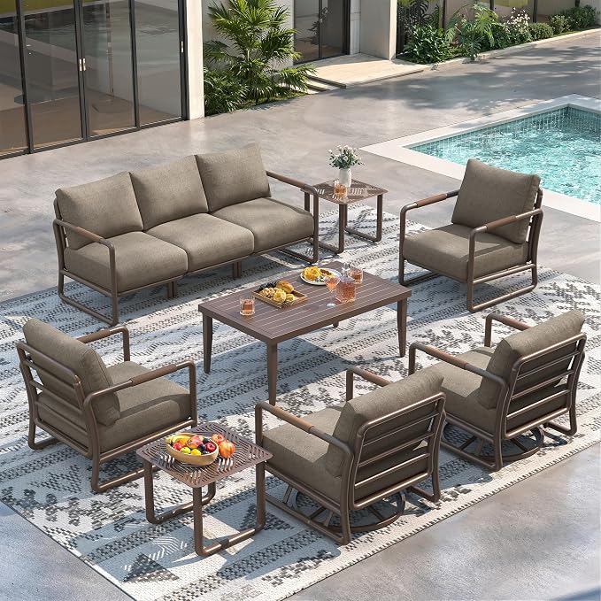 Outdoor Aluminum Patio Furniture Set with with 6.5" Thick Cushions,10-Piece Outdoor Sectional Conversation Set with Swivel Chairs,All-Weather Patio Set for Backyard & Deck，Brown