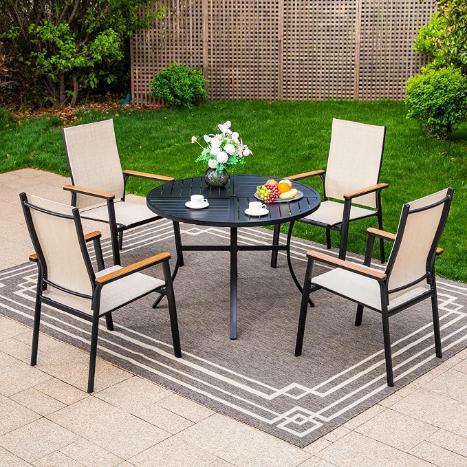 MFSTUDIO 5 PCS Outdoor Dining Set, Round Table & Aluminum Chairs, Beige | Stackbale textilene chairs, Light-weight & space-saving, Square Table, Umbrella Hole, Patio deck, 4 person
