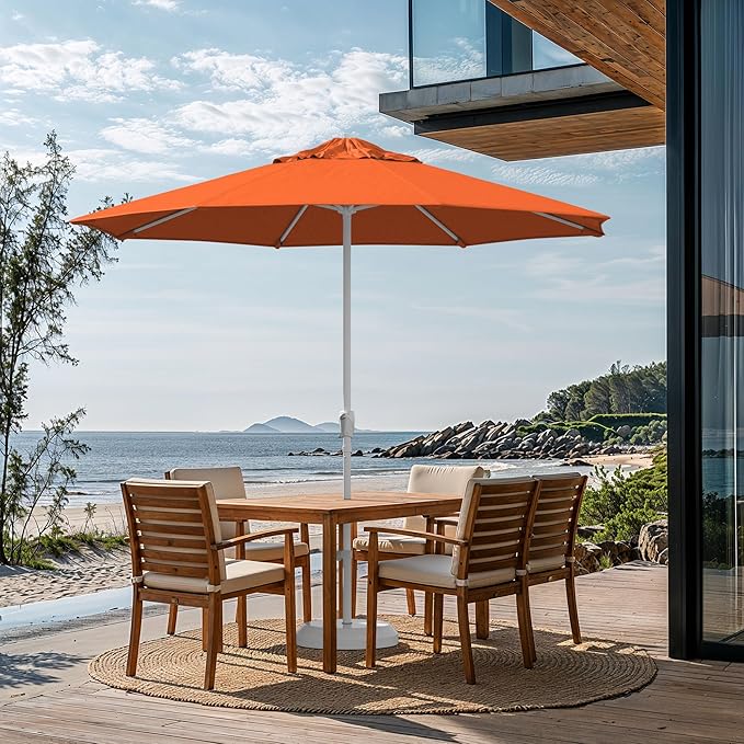 California Umbrella 12-Year Protection 9-Ft Outdoor Patio Umbrella, Sunbrella Fade-Resistant Fabric, Auto-Tilt, Heavy Duty Aluminum Frame, 8 Reinforced Ribs for Pool or Deck, White Pole, Tangerine