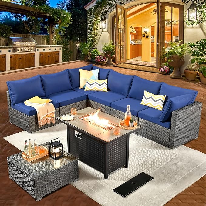 ovios Outdoor 8 Piece Patio Furniture Set with Fire Pit Table,Conversation Sectional Wicker Couch with Coffee Table,Modern Outside Sofa for Balcony Backyard, Navy Blue