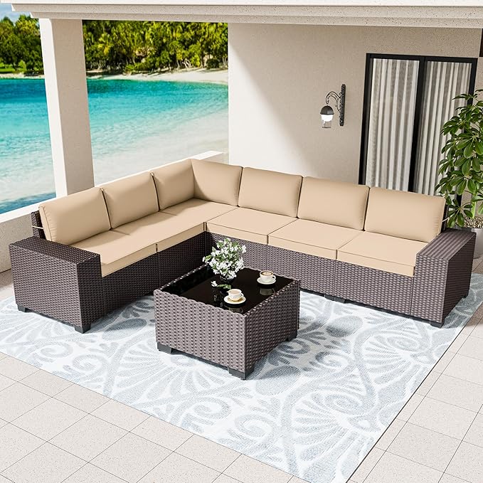 Patio Furniture Set Sofa 7-pcs Wicker Sectional Sofa Set,Outdoor Furniture Rattan Patio Conversation Sets with Seat Cushions and Tempered Glass Coffee Table