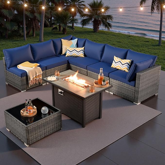 ovios Outdoor 8 Piece Patio Furniture Set with Fire Pit Table,Conversation Sectional Wicker Couch with Coffee Table,Modern Outside Sofa for Balcony Backyard, Beige