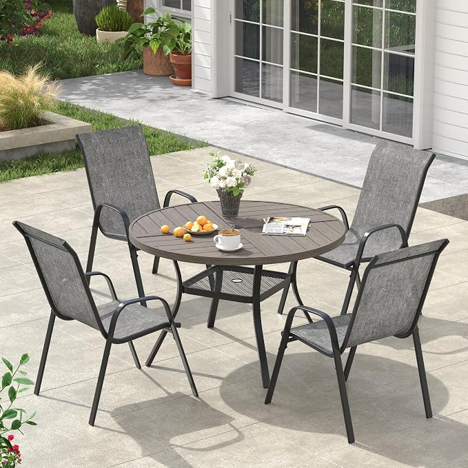 VICLLAX Round Outdoor Patio Dining Set for 4, Metal Slatted Patio Table with Umbrella Hole and 4 Stackable Patio Chairs for Deck Lawn Garden, Grey Fabric and Antique Grey Tabletop