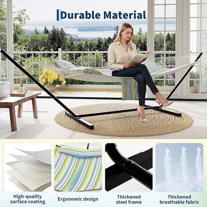 2 Person Double Hammock with Adjustable Steel Stand & Pillow, Heavy Duty Portable Outdoor Hammock Set, MAX 450 LBS Weight Capacity for Patio, Garden, Beach, Backyard
