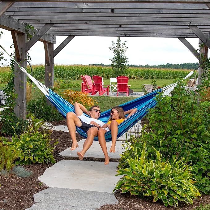 Vivere Brazilian Style Double Cotton Hammock with Polyester End Strings, 450 lb Weight Capacity (Island Breeze)