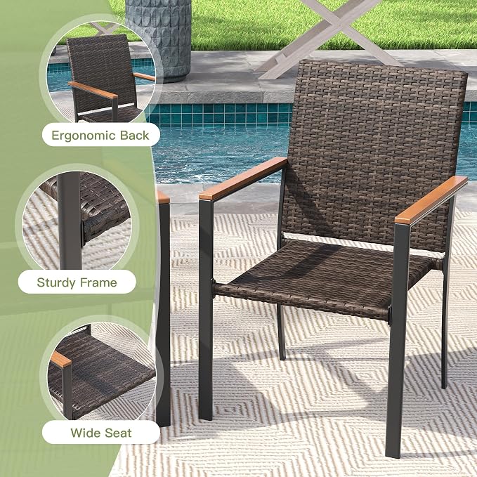 Patio Dining Set for 2, 18.1" Square Metal Patio Side Table and Stackable Wicker Patio Chairs, Outdoor Furniture Set for Porch Garden, Walnut Chairs, Black Table
