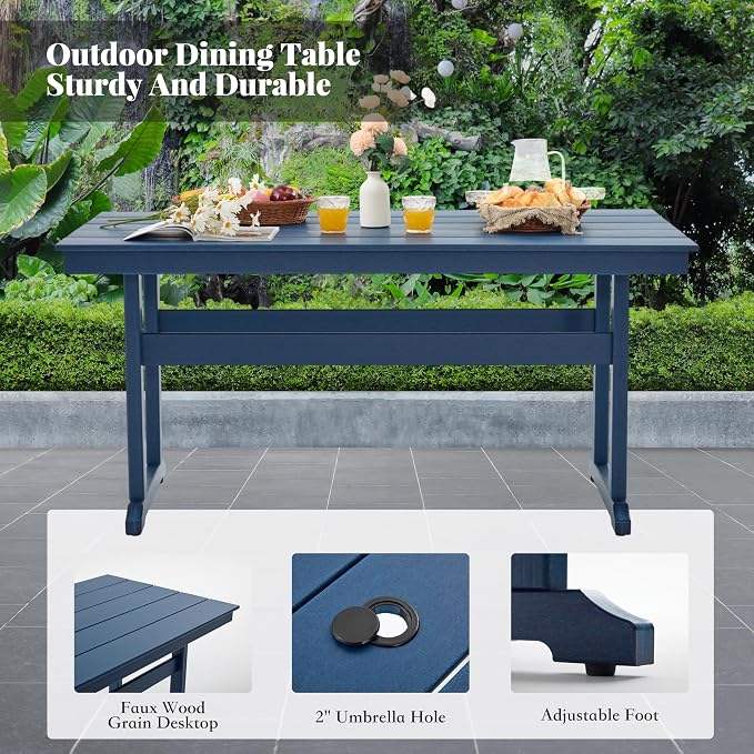 HDPE Dining Table Set for 6,7-Piece Outdoor Table and Chairs Include 6 Dining Chairs and 62.5" Patio Dining Table with Umbrella Hole (Blue)