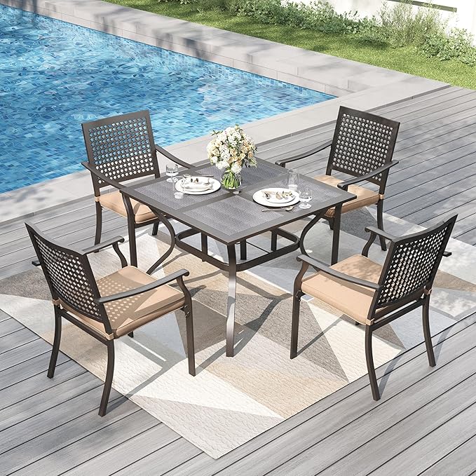 PHI VILLA Outdoor Dining Set for 4, 37" Metal Table & Chairs w/Cushions | 5 pcs black wrought iron square furniture set w/ umbrella hole. All weather for patio, deck, yard, porch