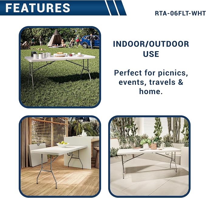 6 FT Granite White Folding Table with Easy- Carry Handle – Premium 6 Foot Folding Table Ideal for Camping, Picnic, Party or Home Use