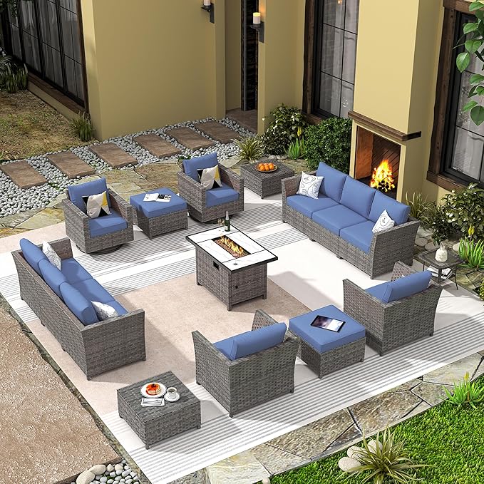 16 Pieces Patio Furniture Conversation Set with 42" Fire Pit Table Rocking Chair Outdoor Sectional Gray Wicker Sofa Set