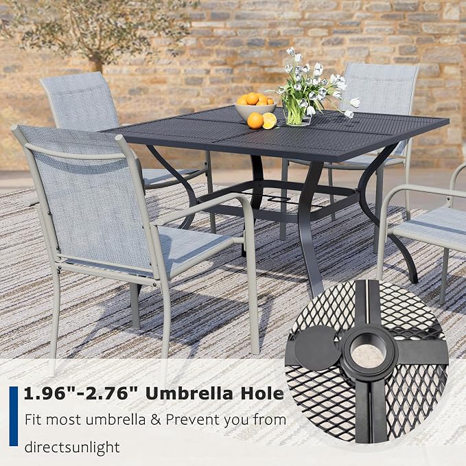 5 Piece Outdoor Dining Set, Patio Table and Chairs Set of 4, 37.5" Black Square Patio Table with 4 Beige Blue Stackable Patio Chairs for Lawn, Garden, Porch