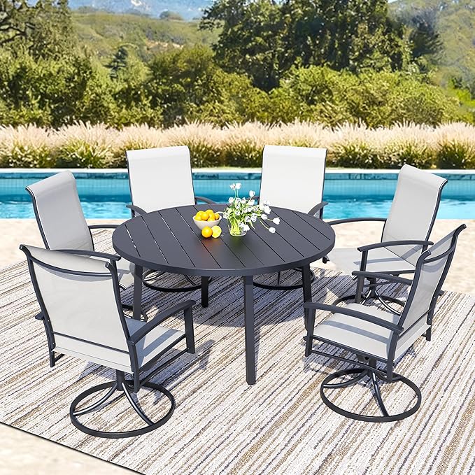7 Piece Outdoor Patio Dining Set for 6, 47" Black Round Metal Table with 6 Oyster Beige Swivel Chairs, All-Weather Outdoor Furniture Set for Backyard, Lawn, Deck, or Poolside