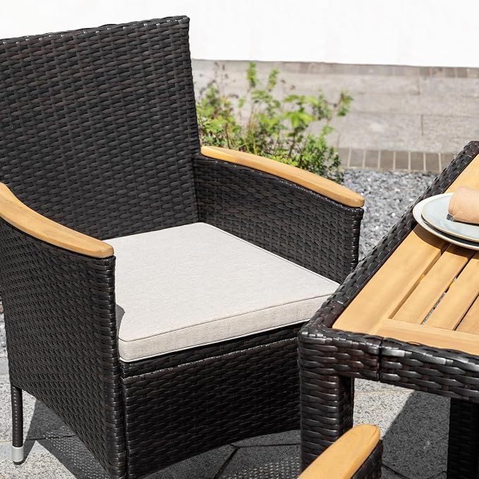 NUU GARDEN 5 Piece Patio Dining Set, Acacia Wood Table and Wicker Dining Chairs with Cushions, All Weather Outdoor Furniture for Balcony Garden Poolside, Black