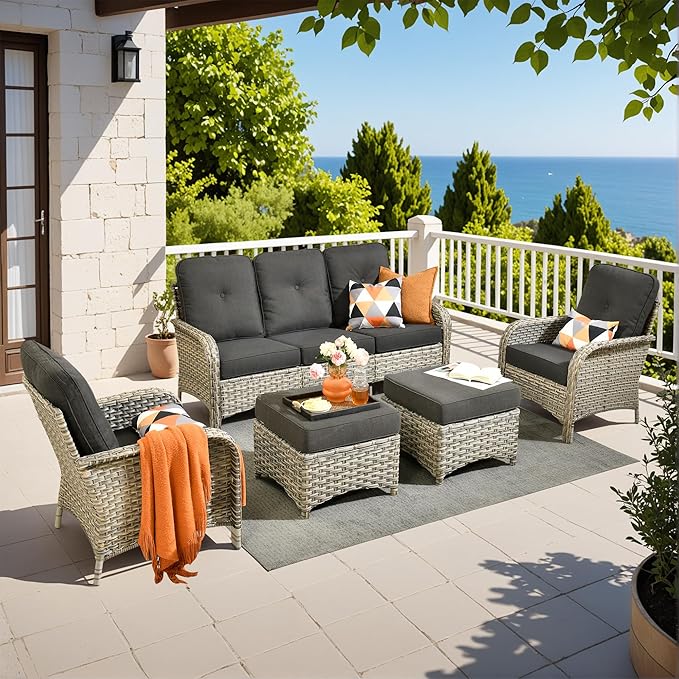 5-Piece Outdoor Patio Furniture Set,All Weather Wicker Rattan Patio Seating Sofa and Chair Set with Ottomans,Outdoor Conversation Sets with 3 Seater Couch for Porch Deck Yard,Black