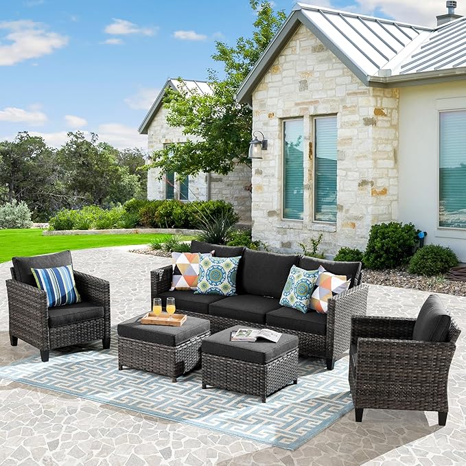 HOOOWOOO Patio Conversation Sets,5 Piece Wicker Outdoor Furniture Set with Ottoman,All Weather Resistant Modern Outside Out Door Rattan Couch Chairs Set,Black