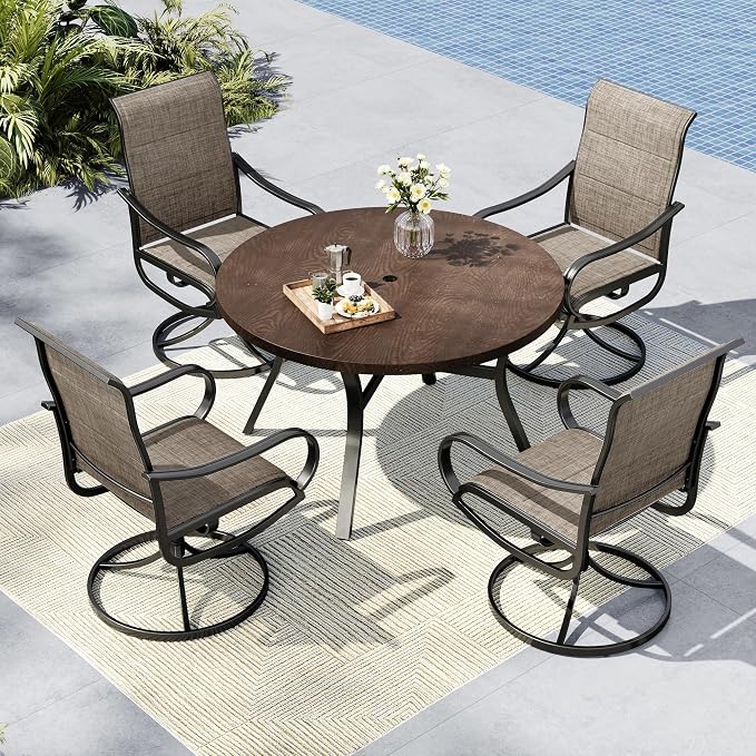 MFSTUDIO Round Patio Table and Chairs Set of 4, Outdoor Dining Set for Deck/Backyard/Poolside/Garden, 5 Piece Patio Furniture Set with Umbrella Hole