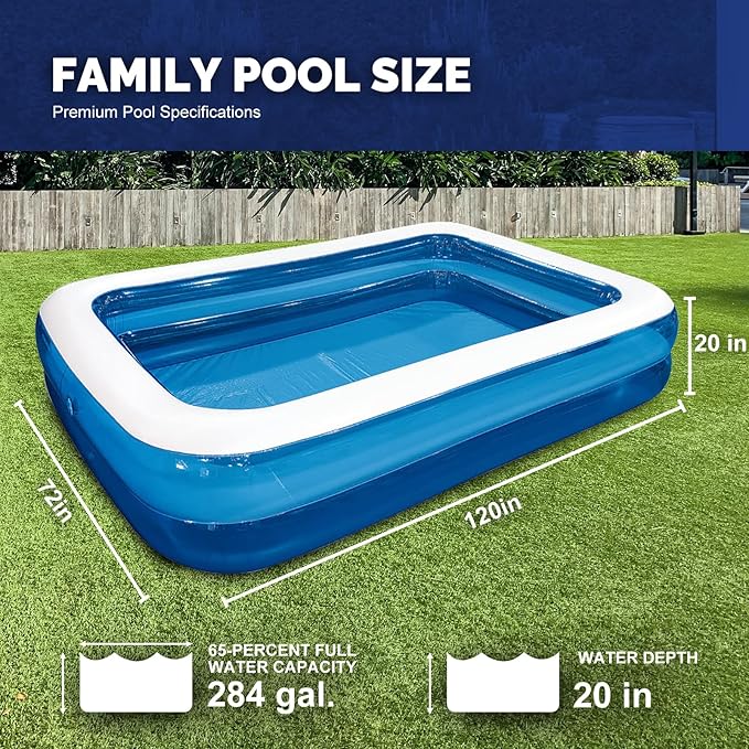Inflatable Swimming Pool Outdoor Lawn Ground Rectangular Swimming Pool for Kids or Adults (Max 120x72x20±3 Inch)