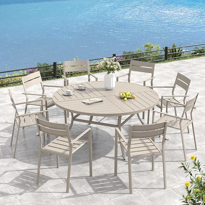 VICLLAX 53" Round Outdoor Table, Patio Dining Table for 8 with Umbrella Hole for Garden Lawn Deck Backyard, Sandshell