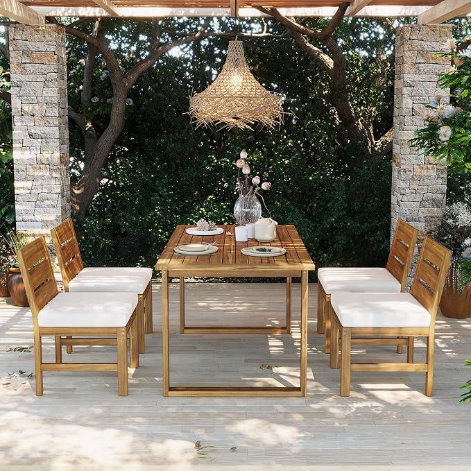 Acacia Wood Outdoor Dining Set for 4, All-Weather Patio Dining Set with Rectangle Dinning Table and 4 Chairs& Cushions for Garden Backyard Lawn (Natural+Beige c)