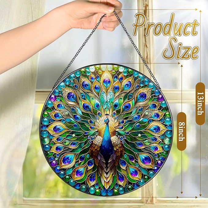 Stained Glass Window Hanging, LAOWEIKI 8'' Peacock Suncatcher, Stained Glass Ornament, Suncatchers for Windows Hanging, Window Decor, Outdoor or Indoor, Gifts for Women, Lovers, Couple, Friend, Bestie