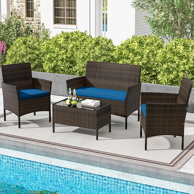 DORTALA 4-Piece Rattan Patio Furniture Set, Outdoor Table & Chair Set with Tempered Glass Coffee Table, Cushion, Wicker Conversation Set for Garden, Lawn, Poolside and Backyard, Peacock Blue