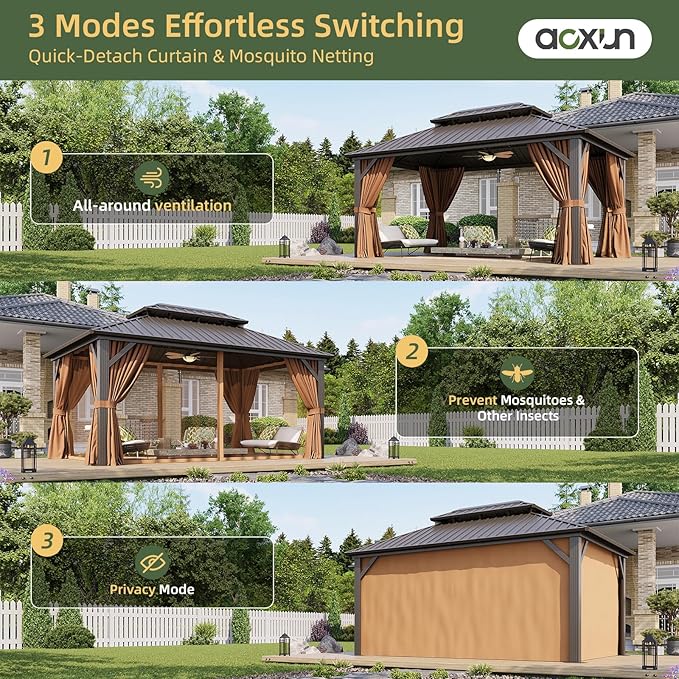 Aoxun 12’x16’ Hardtop Gazebo, Permanent Metal Pavilion with Galvanized Steel Double Roof, Outdoor Pergola with Nettings and Curtains for Lawn, Garden, Patio (Brown)