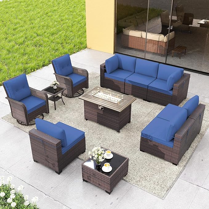 Gotland 11 Pieces Patio Furniture Set with Fire Pit Table Swivel Chairs, PE Rattan Outdoor Furniture with 29.5'' High Backrest 4’’ Thick Cushions, Outdoor Sectional for Porch, Deck, Garden, Navy