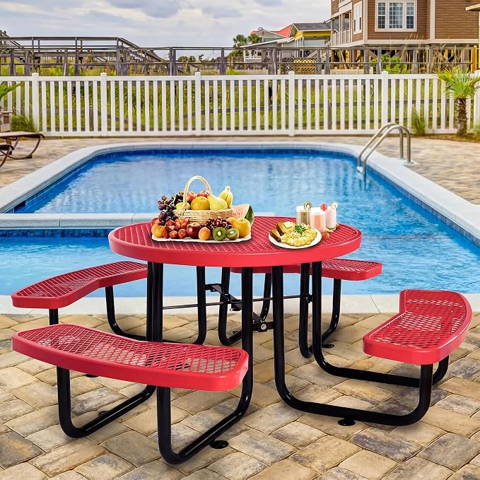 Heavy Duty Picnic Table for Outdoors 3200 lbs Load All Metal Dining Table with Umbrella Hole up to 1.5", Round Camping Table for Commercial Picnic Table with Benches, Red