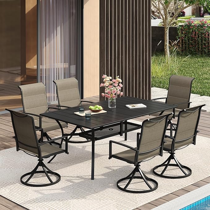VICLLAX 7 Pieces Patio Dining Set for 6-59" Rectangle Patio Table and 6 Outdoor Swivel Padded Chairs, Black Tabletop and Mixed Brown Fabric