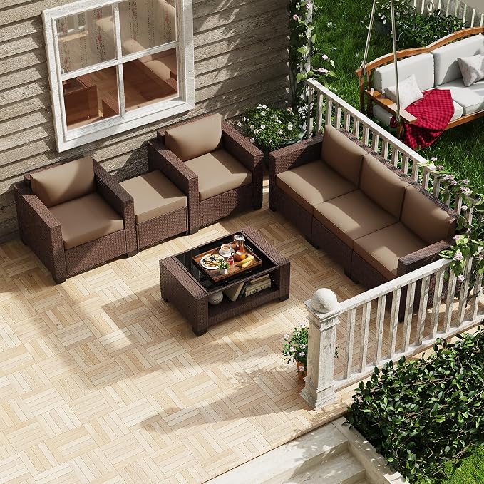 KIGOTY Patio Furniture Set 7 PCS Patio Conversation Sets, All-Weather PE Rattan Outdoor Sectional Sofa with Cushion and 2- Tier Glass Coffee Table（Brown/Camel）