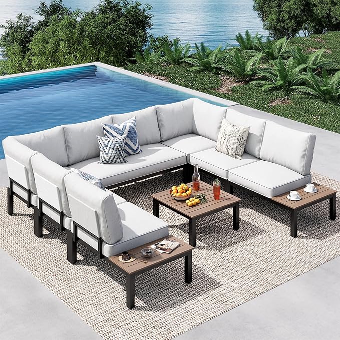PHI VILLA Outdoor Sectional Furniture Set,8 Pieces Metal Patio Sectional Outdoor Couch Set,Modern Patio Conversation Sets with Coffee Table,Thickened Cushion,for Poolside and Backyard,Light Grey