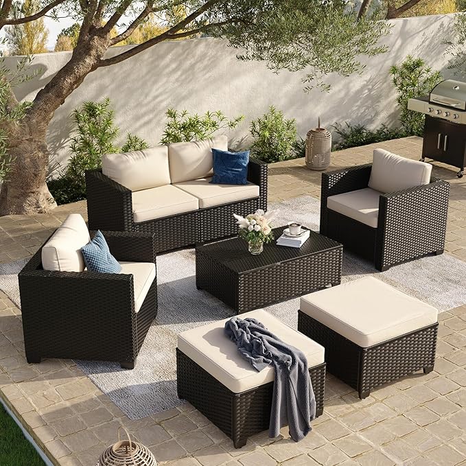 Aoxun 7 Piece Outdoor Patio Furniture Set 6 Seats, Outdoor Sectional with Thick Waterproof Cushions & Storage Coffee Table, Patio Conversation Sets for Garden,Backyard, Porch, Balcony, Deck, Beige