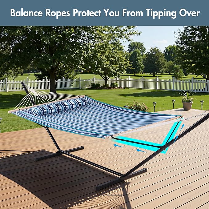 ANOW Double Hammock with Stand 12FT, Heavy Duty Hammock with Stand for Outdoors, 450 LBS Weight Capacity, Blue Stripes