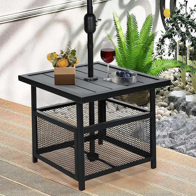 Outdoor Patio Umbrella Side Table Stand, Outdoor Bistro Square Steel Table with 1.57'' Umbrella Hole for Deck Garden Pool Backyard, Black