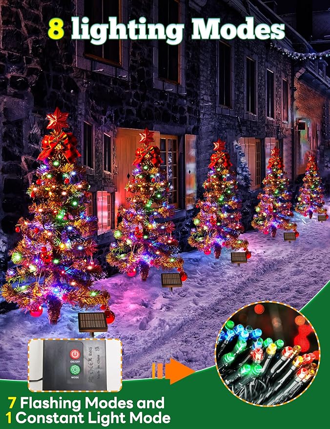 100LED Solar Christmas Tree Lights Outdoor Waterproof, 8 Modes Large Solar Christmas Trees Lights with Xmas Ball & Red Berry, Solar Powered Christmas Decorations for Outside Pathway Garden Yard Decor