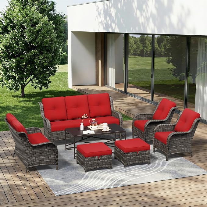 7 Piece Outdoor Wicker Patio Furniture Set, Patio Chairs Set with Thickened Olefin Cushions, High Back and Deep Seating, Hand-Woven PE Rattan, Ottoman for Porch, Deck