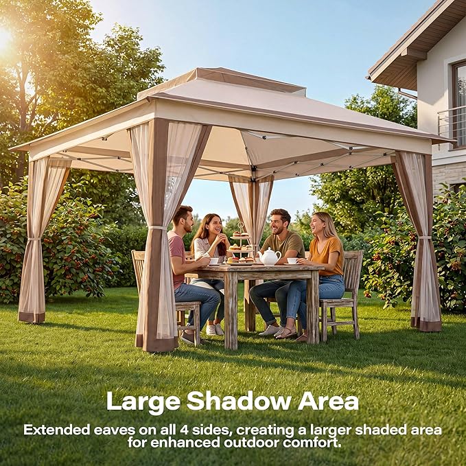 LAUSAINT HOME 12x12 Pop Up Gazebo Canopy Tent with Mosquito Netting, Instant One-Push Setup, Adjustable Height Outdoor Canopy Shelter with Carry Bag for Patio, Backyard, Camping, Parties & BBQs, Khaki